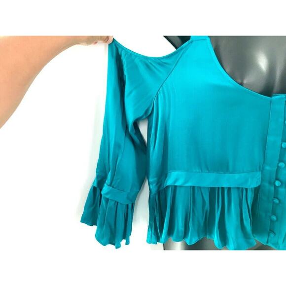 Maeve Womens Blouse Sz M Cold Shoulder Ruffles Viscose Turquoise NEW - Picture 8 of 10